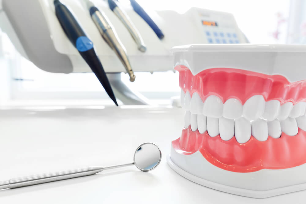 Model of a tooth with a toothbrush and cup, illustrating the importance of dental sealants for tooth protection.