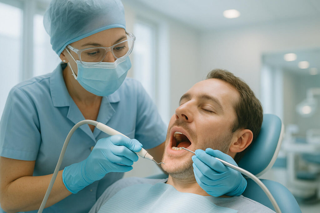 A dentist cleans a man's teeth as part of a regular dental check-up and cleaning session.