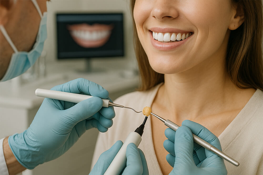 A dentist holds dental tools and a dental crown near a smiling woman’s mouth during a procedure, highlighting Composite Bonding: Affordable Smile Transformation in Brampton, with a monitor displaying teeth in the background.