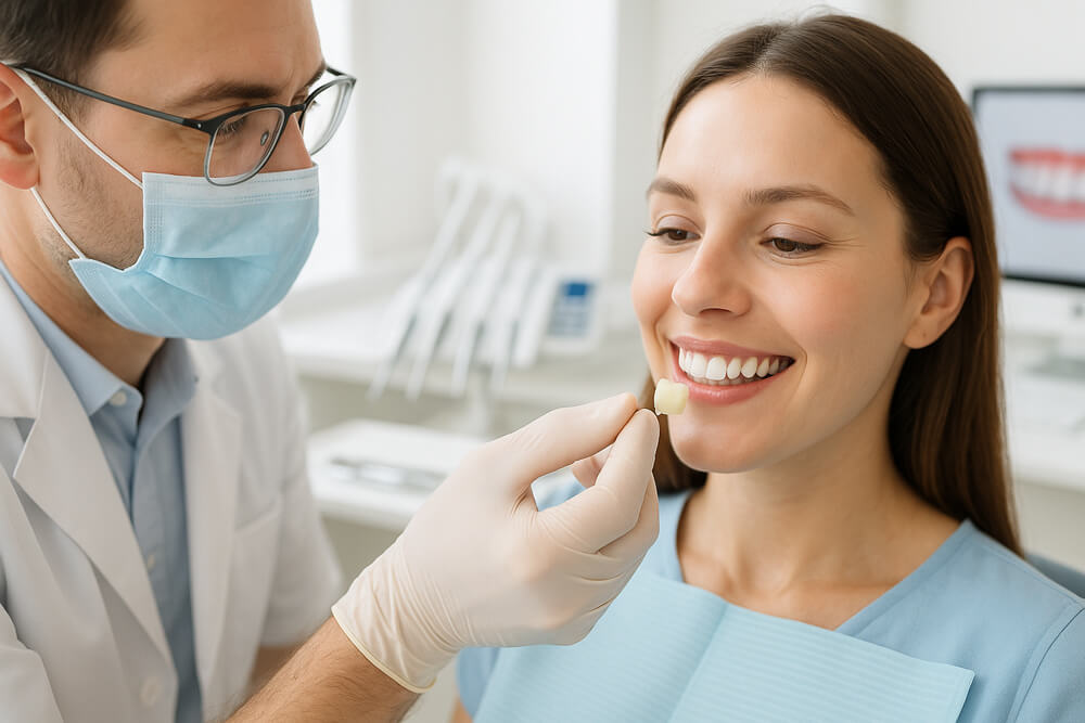 Dentist wearing a mask holds a dental veneer near a smiling woman's teeth in a clinic.