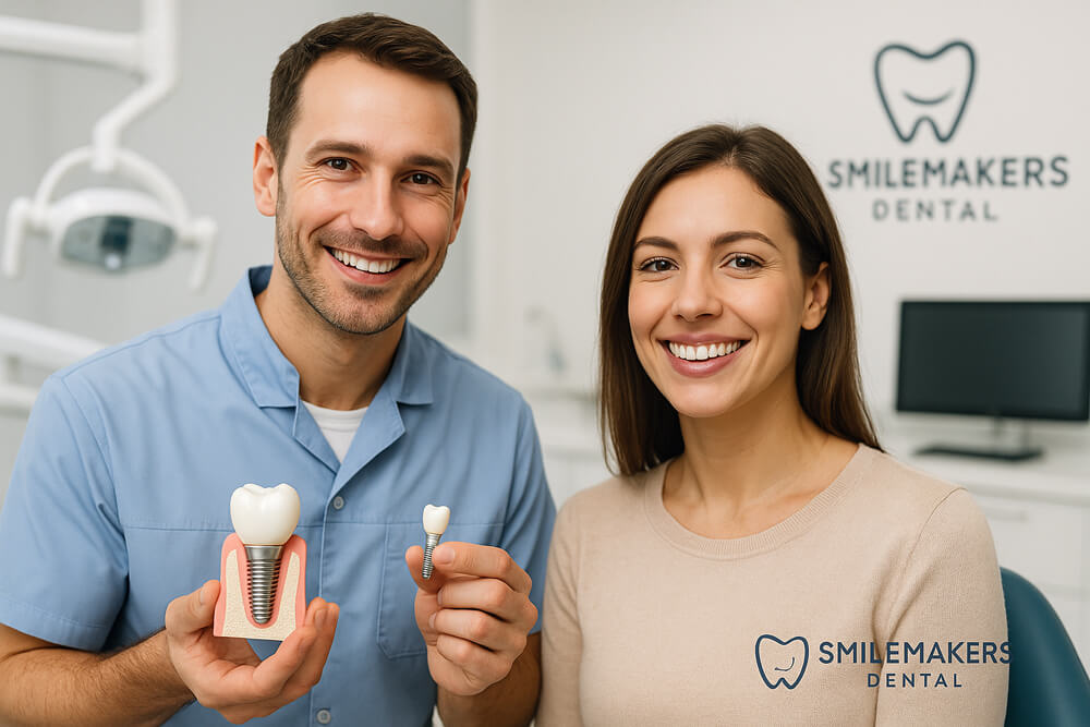 Smiling dentist in blue scrubs holds dental implant models next to a smiling woman in a bright dental office