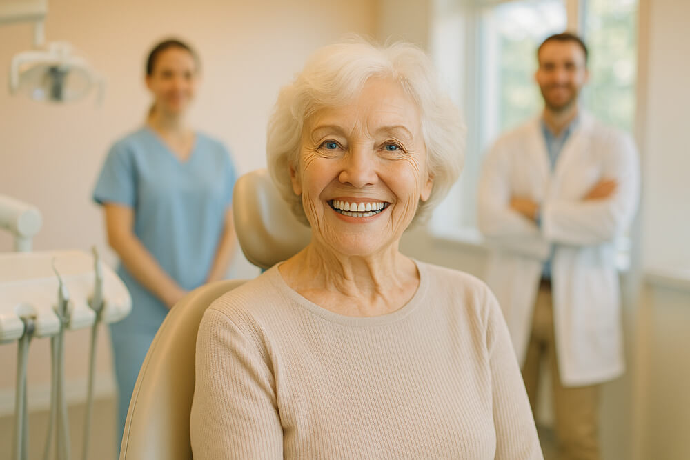 An elderly woman with white hair smiles warmly in a dental chair, with a dentist and assistant in the background. The scene conveys a sense of comfort and care.