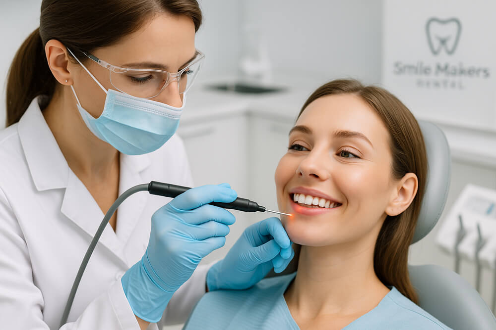A dental professional in gloves uses a tool during a patient's dental examination in a modern clinic setting.