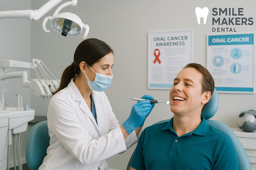 A dentist checks a man's teeth during an oral cancer screening appointment