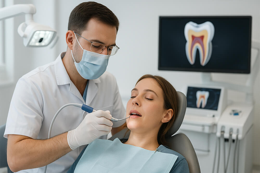 A man in a dental office explains root canal therapy to a seated patient, surrounded by dental equipment.
