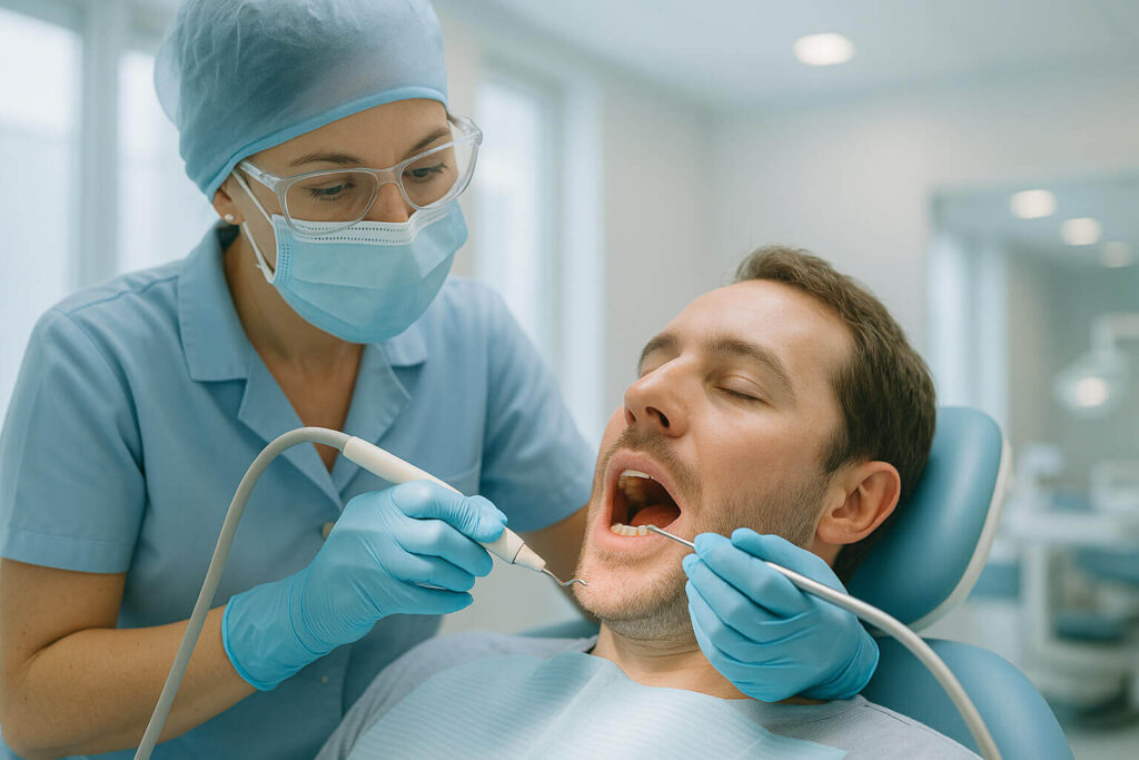 A dentist cleans a man's teeth as part of a regular dental check-up and cleaning session.