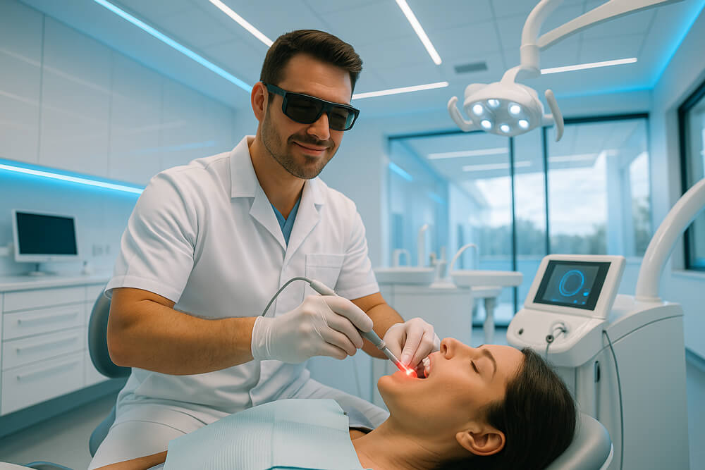 A dentist in scrubs performs a dental procedure in a modern clinic, equipped with advanced technology and a bright, clean environment.