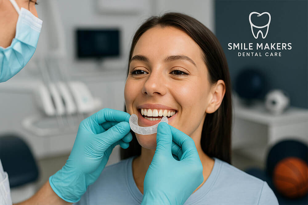 A cheerful woman with a mouth guard, smiling as a dentist cleans her teeth in a bright dental office.