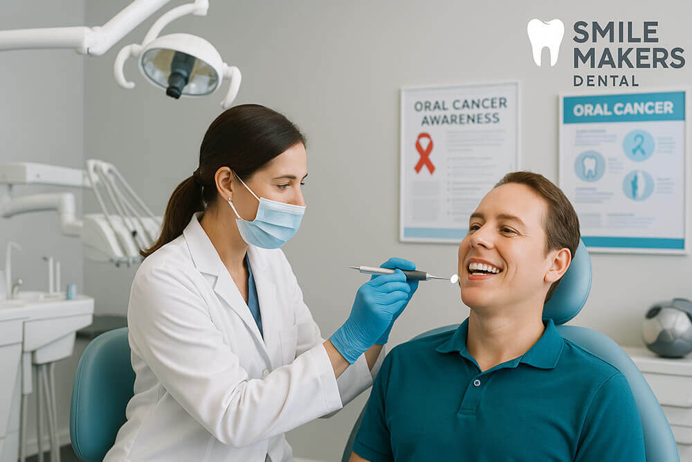 A dentist checks a man's teeth during an oral cancer screening appointment